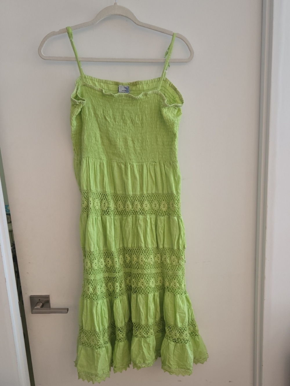 Vintage Y2K Midi Dress S Smocked Sleeveless 100% Cotton Floral Tiered Crochet
